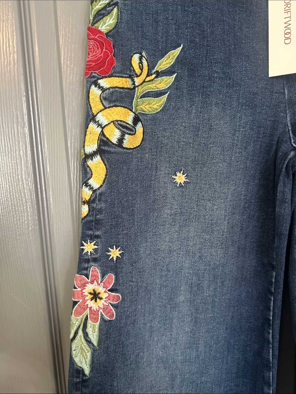 DRIFTWOOD Embroidered Wide-Leg Dark Indigo Jeans with Floral & Celestial Motifs - Picture 4 of 8
